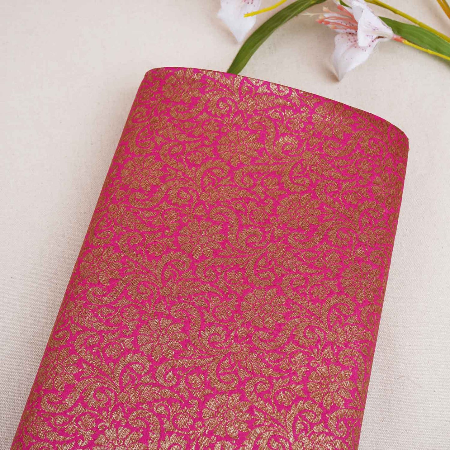 Magenta Pink Antick Gold Jaal Brocade Fabric NH-28894