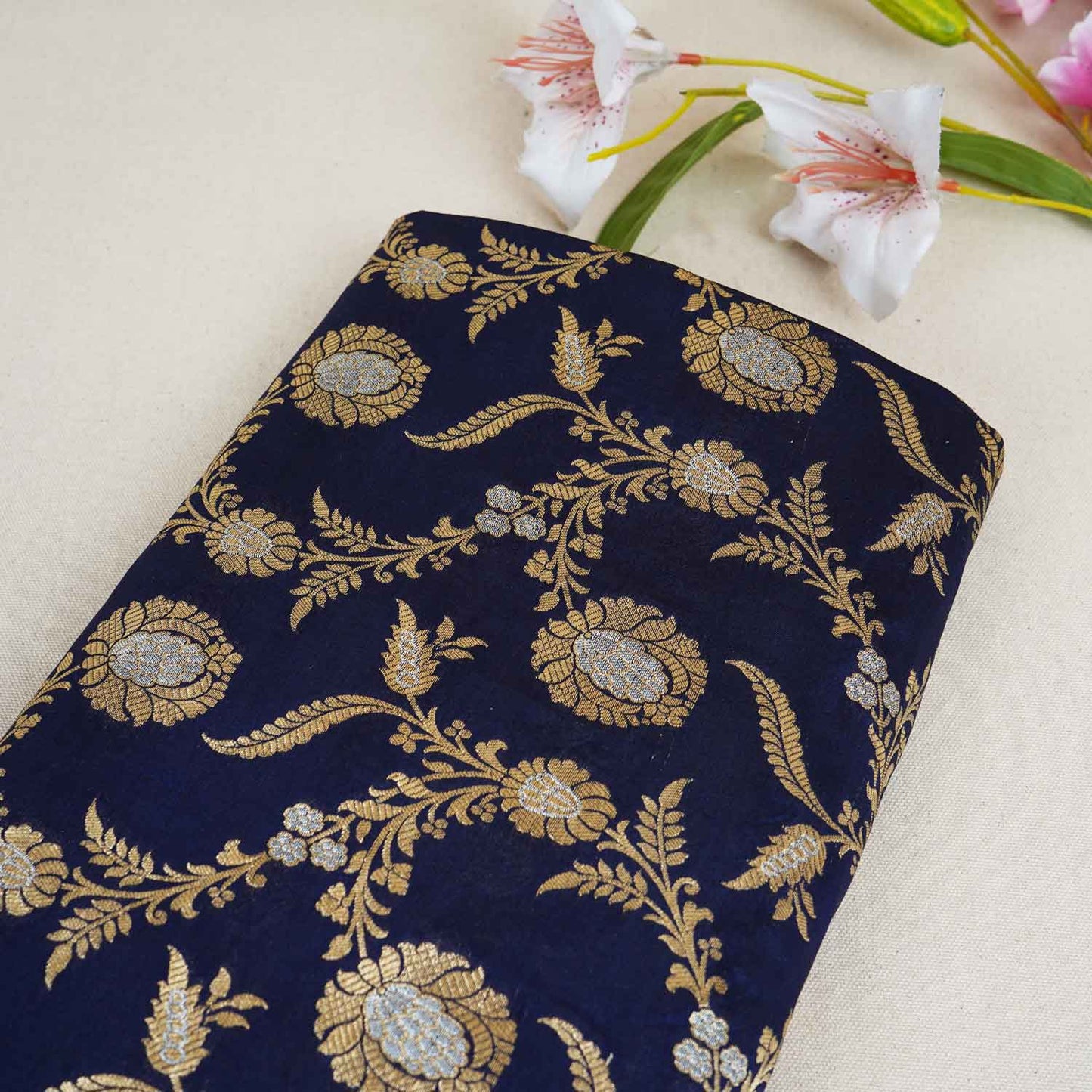 Navy Blue Floral Jaal Katan Silk Fabric NH-28895