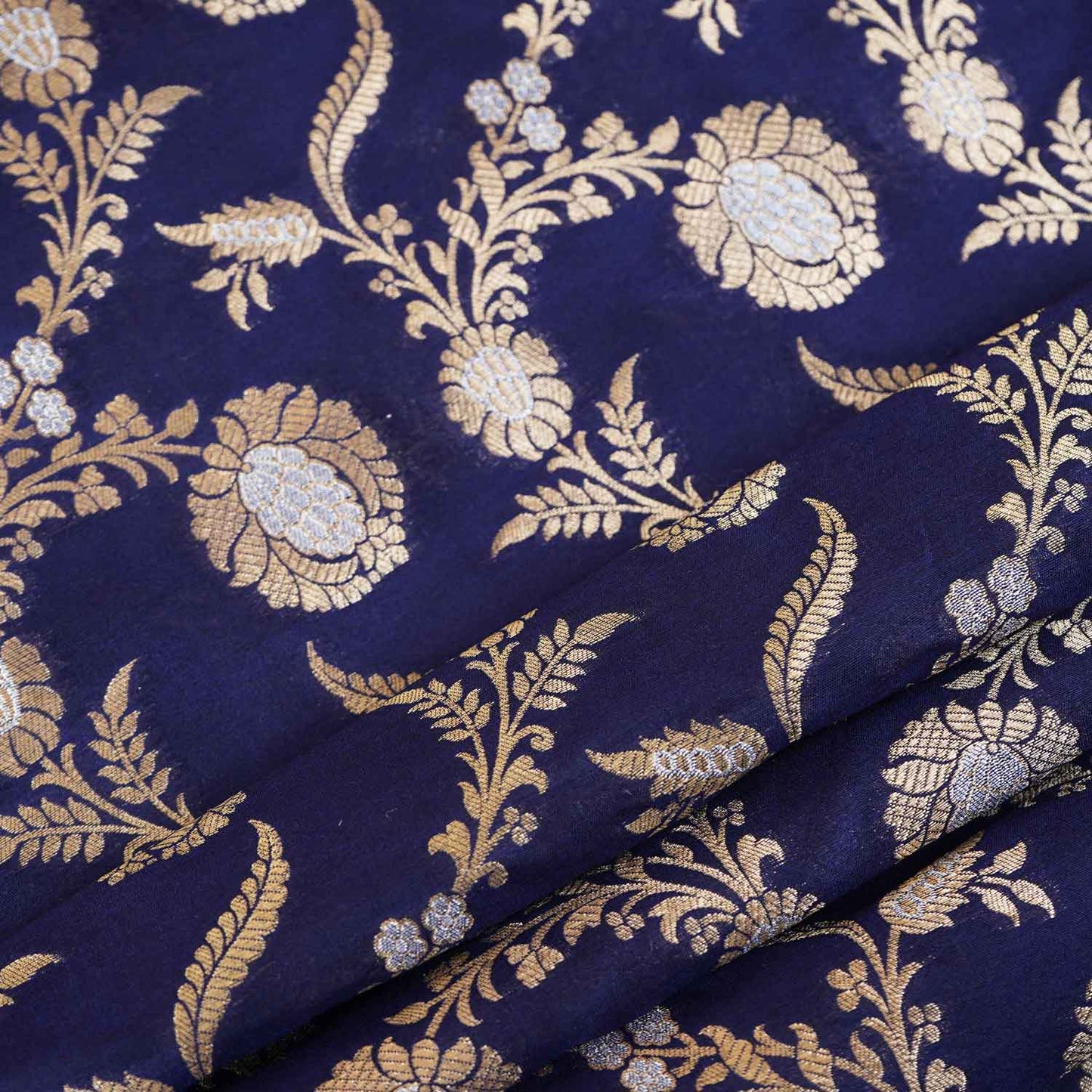 Navy Blue Floral Jaal Katan Silk Fabric NH-28895
