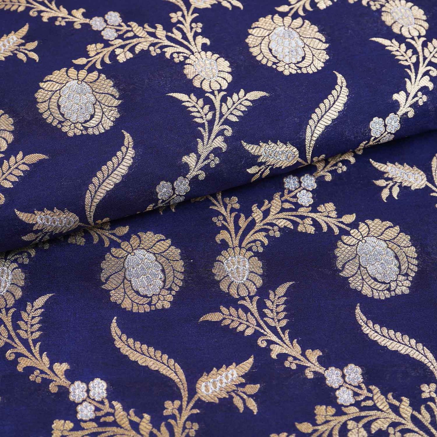 Navy Blue Floral Jaal Katan Silk Fabric NH-28895