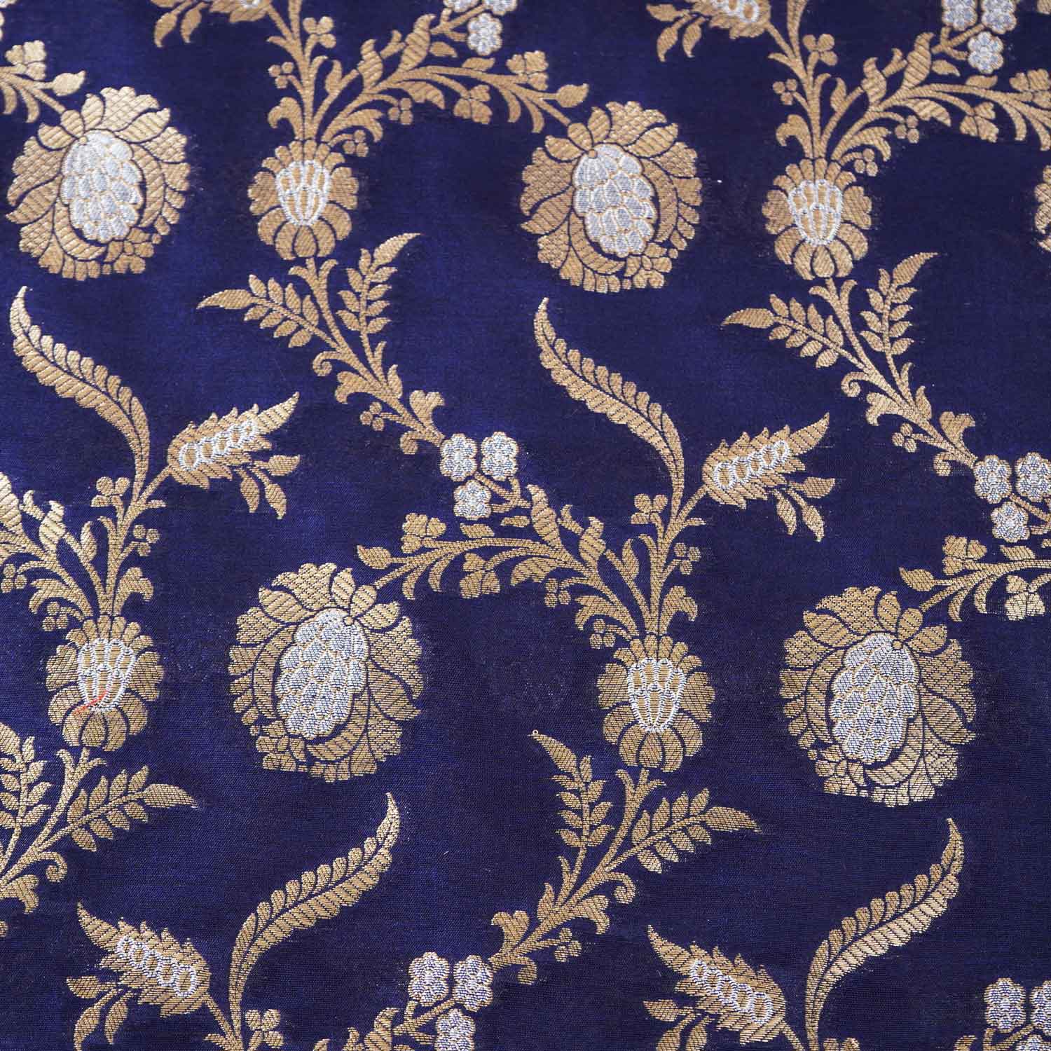 Navy Blue Floral Jaal Katan Silk Fabric NH-28895 - TradeUNO