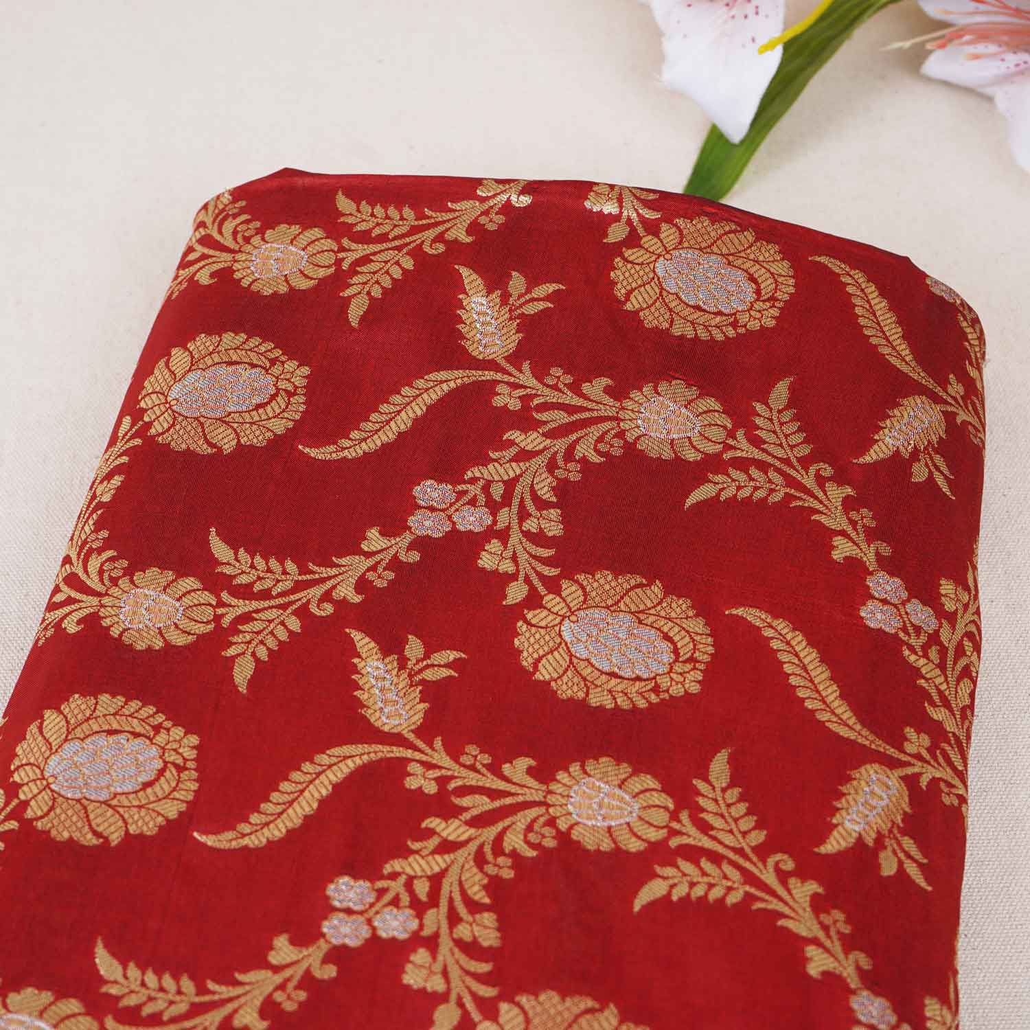 Red Floral Jaal Katan Silk Fabric NH-28897 - TradeUNO