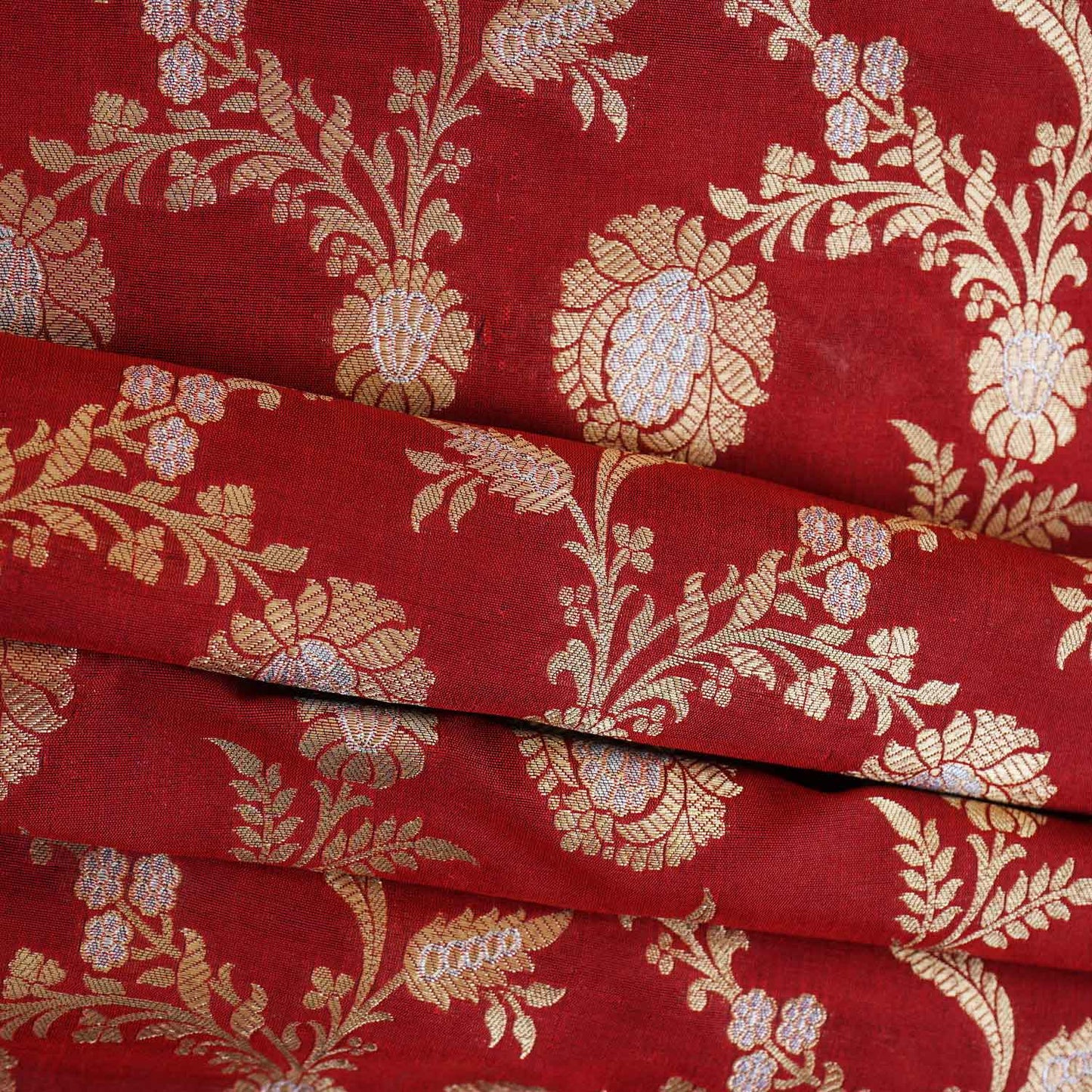 Red Floral Jaal Katan Silk Fabric NH-28897