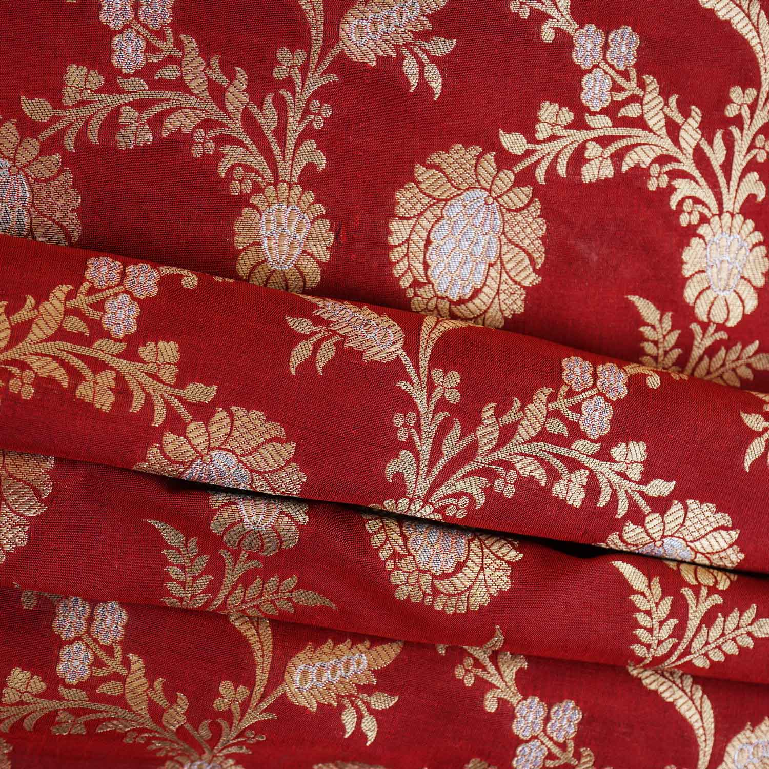 Red Floral Jaal Katan Silk Fabric NH-28897 - TradeUNO