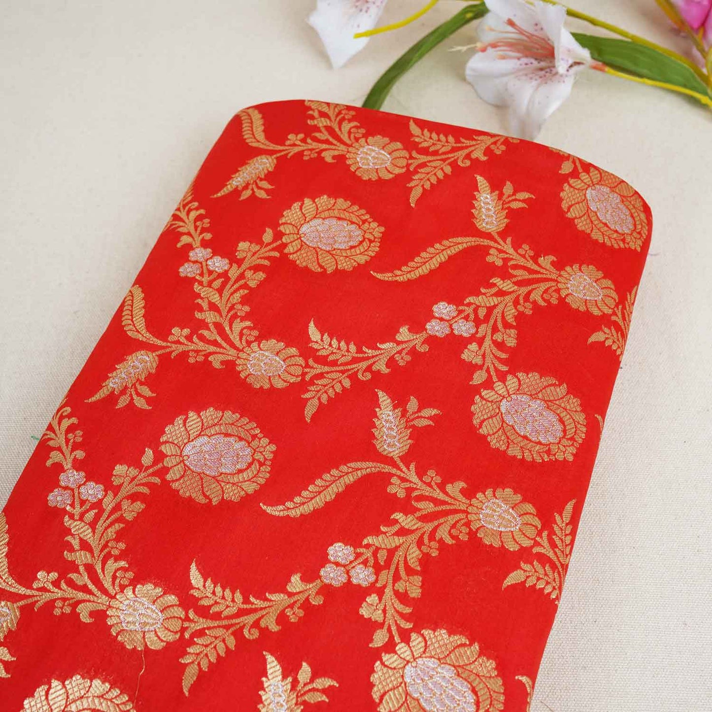 Orange Floral Jaal Katan Silk Fabric NH-28898