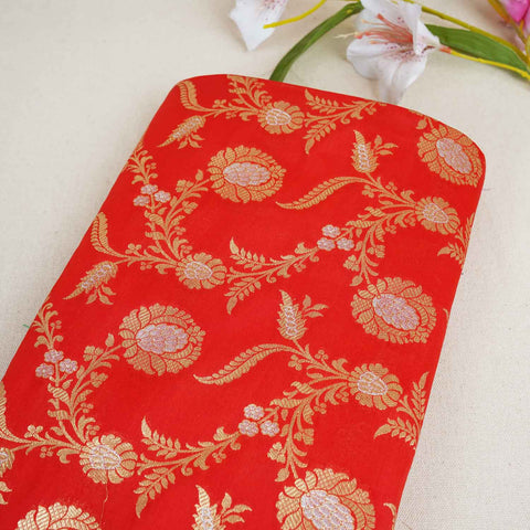 Orange Floral Jaal Katan Silk Fabric NH-28898