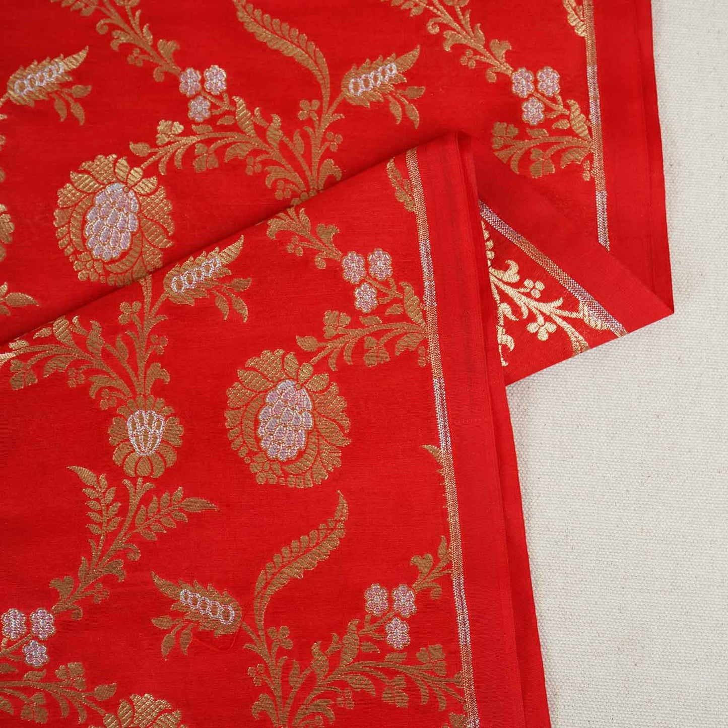 Orange Floral Jaal Katan Silk Fabric NH-28898