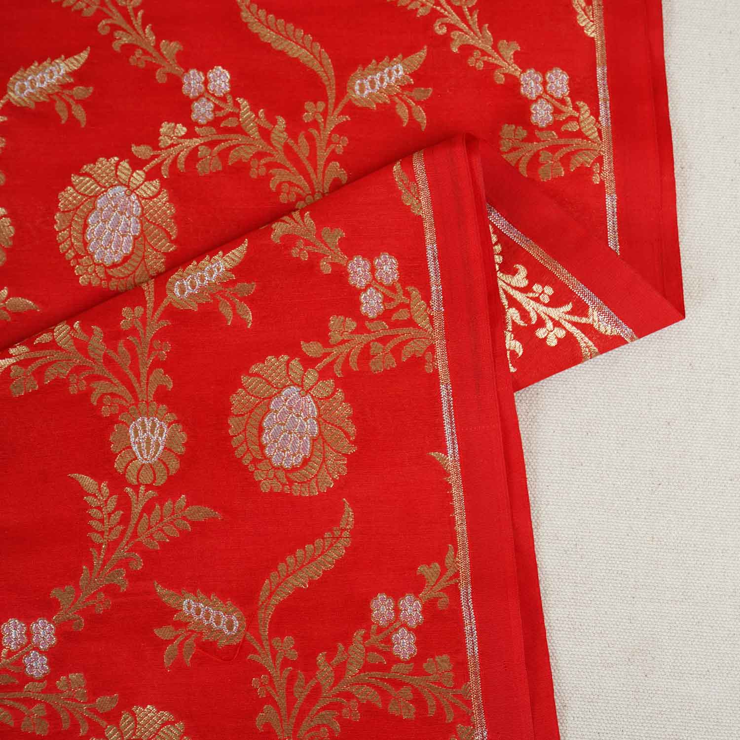Orange Floral Jaal Katan Silk Fabric NH-28898 - TradeUNO