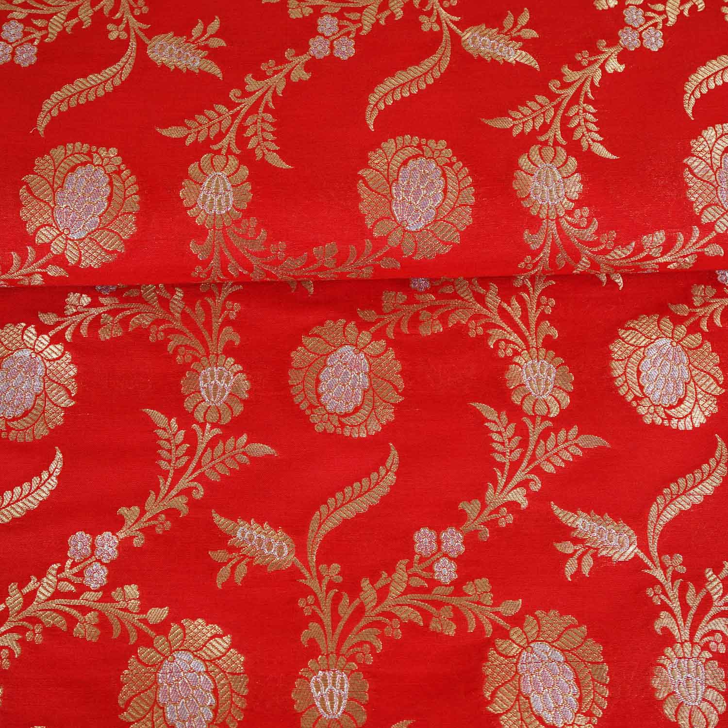 Orange Floral Jaal Katan Silk Fabric NH-28898 - TradeUNO