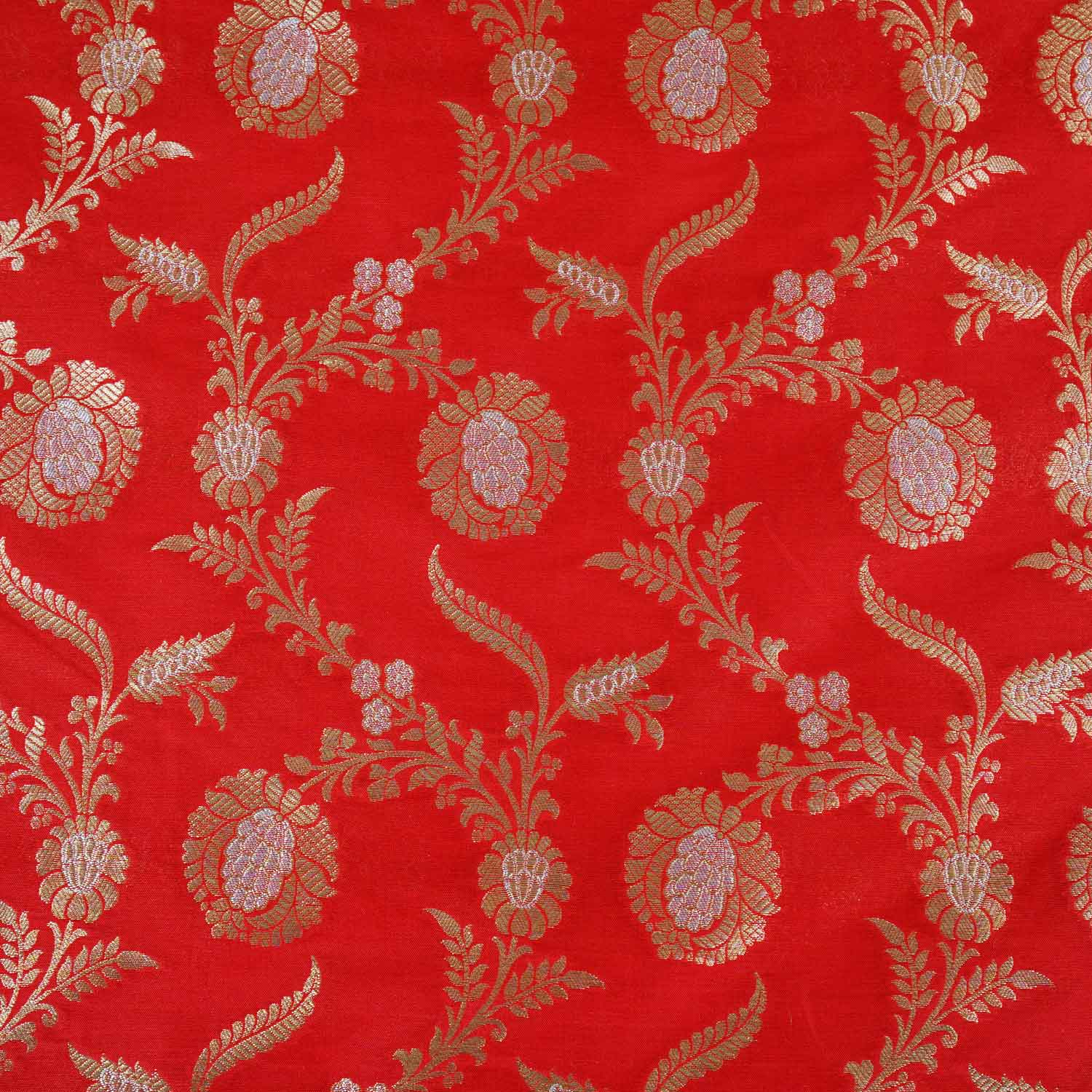 Orange Floral Jaal Katan Silk Fabric NH-28898 - TradeUNO