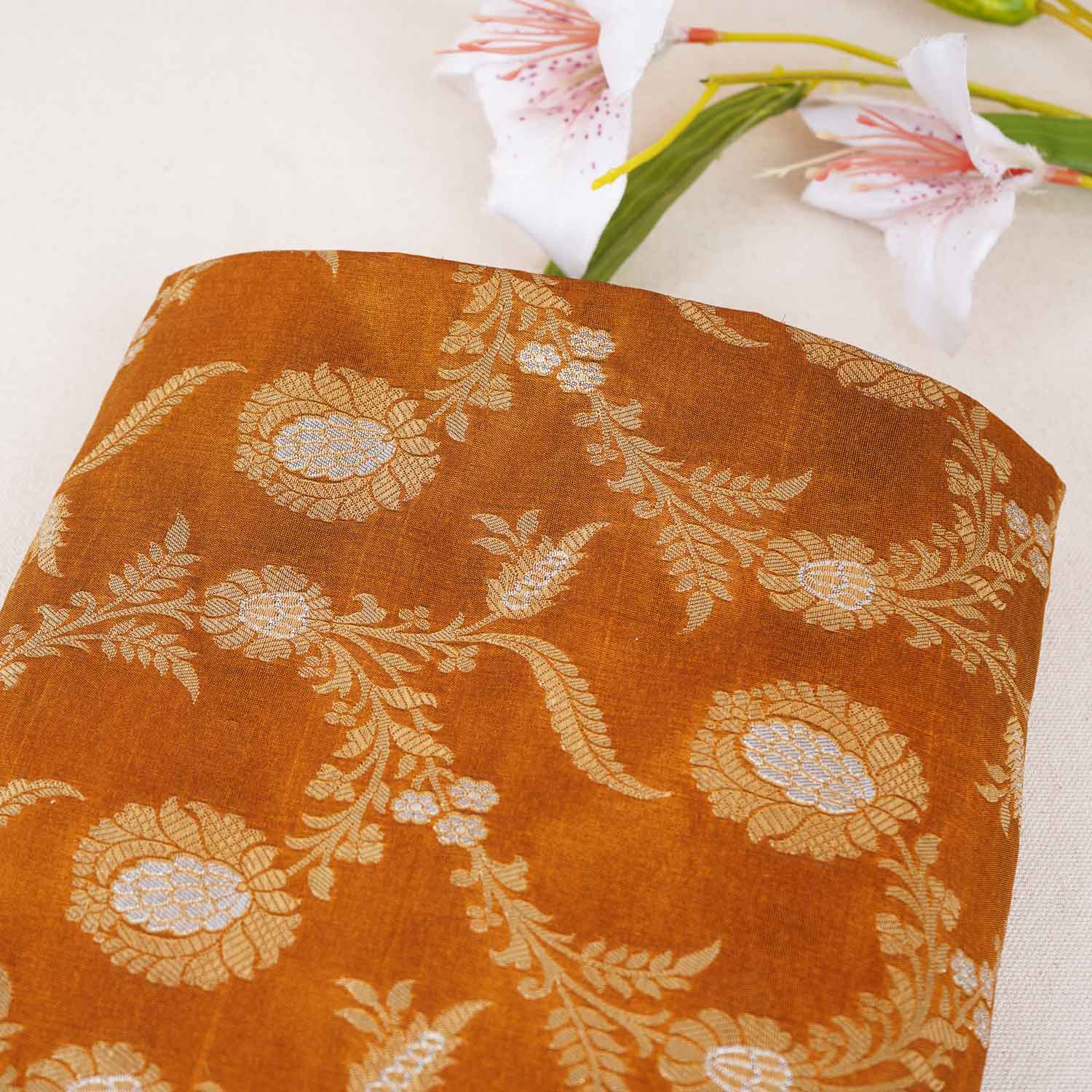 Mustard Floral Jaal Katan Silk Fabric NH-28899 - TradeUNO