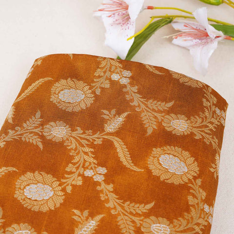 Mustard Floral Jaal Katan Silk Fabric NH-28899