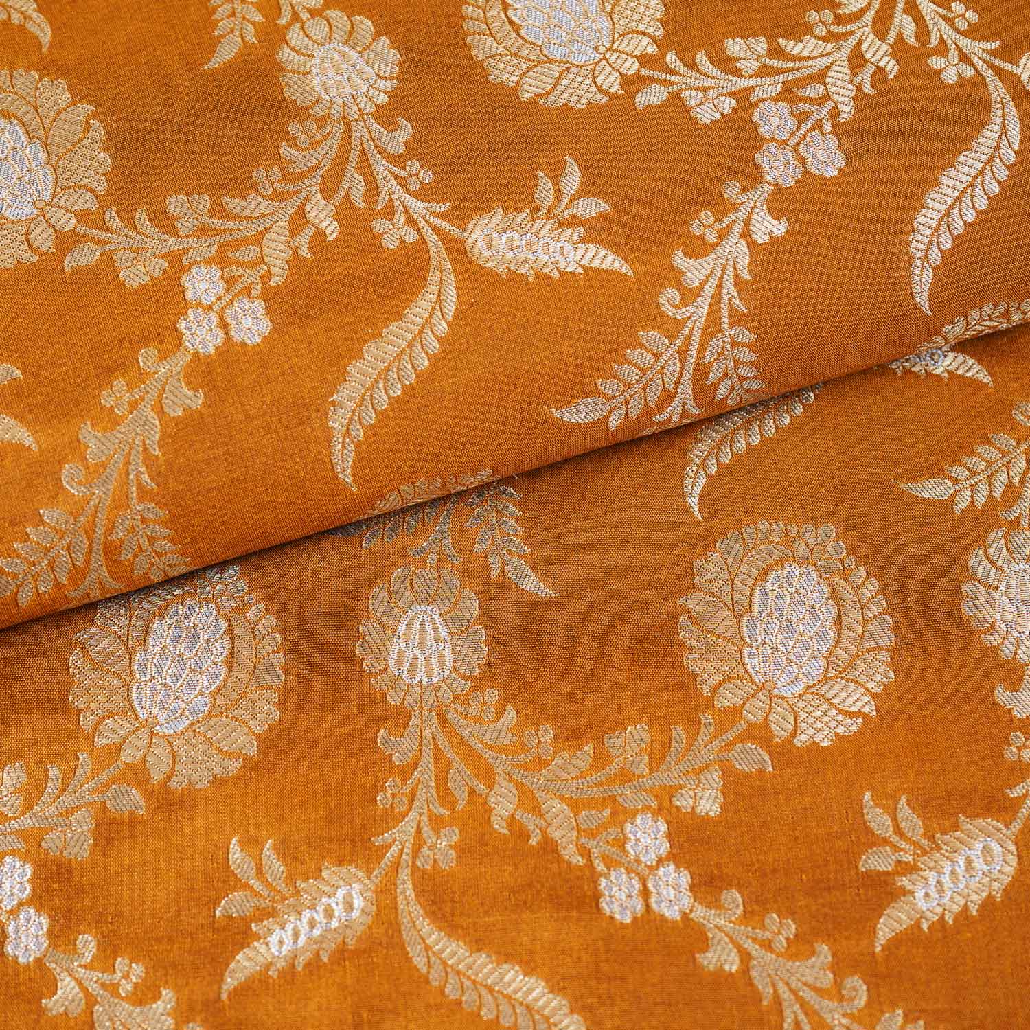 Mustard Floral Jaal Katan Silk Fabric NH-28899 - TradeUNO