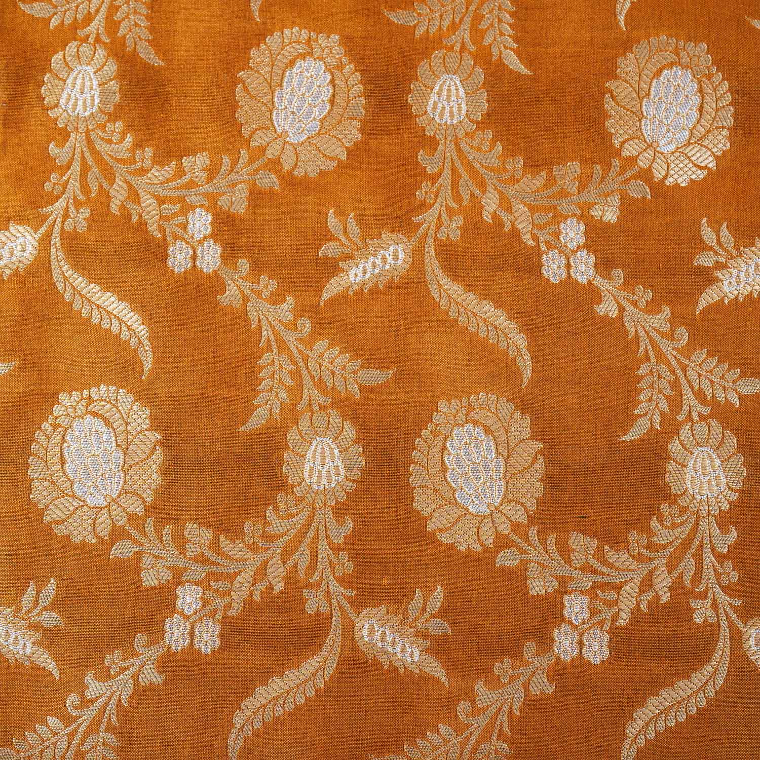 Mustard Floral Jaal Katan Silk Fabric NH-28899 - TradeUNO