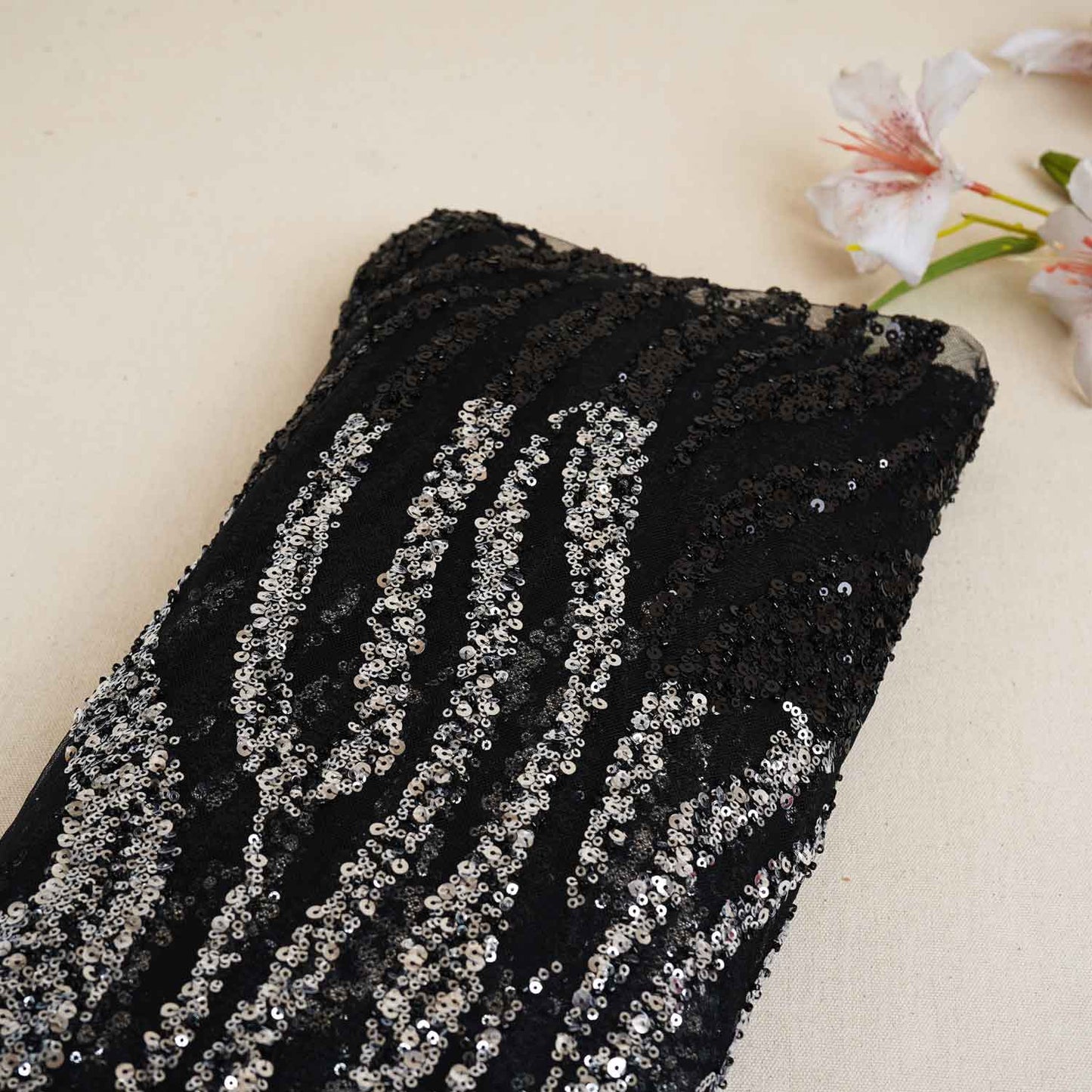 Black & Silver Handwork Bead Imported & Sequence Embroidery Net CF-8998