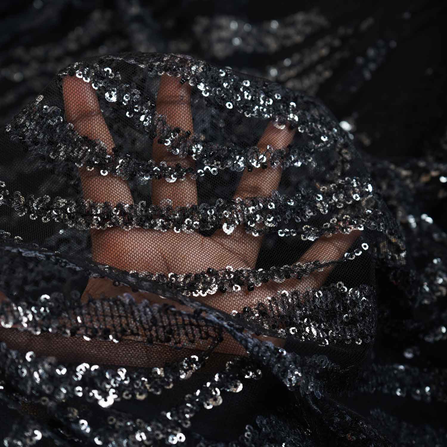 Black & Silver Handwork Bead Imported & Sequence Embroidery Net CF-8998 - TradeUNO