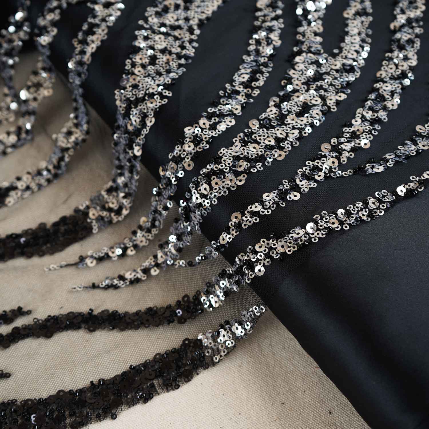 Black & Silver Handwork Bead Imported & Sequence Embroidery Net CF-8998 - TradeUNO