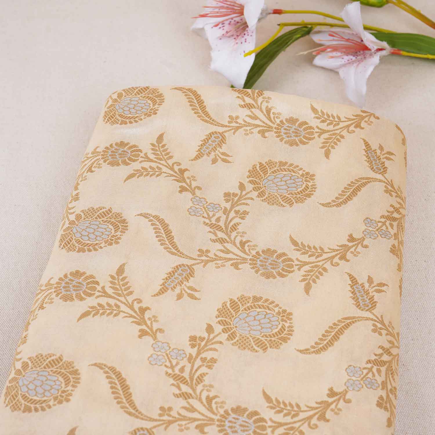 Beige Floral Jaal Katan Silk Fabric NH-28900 - TradeUNO