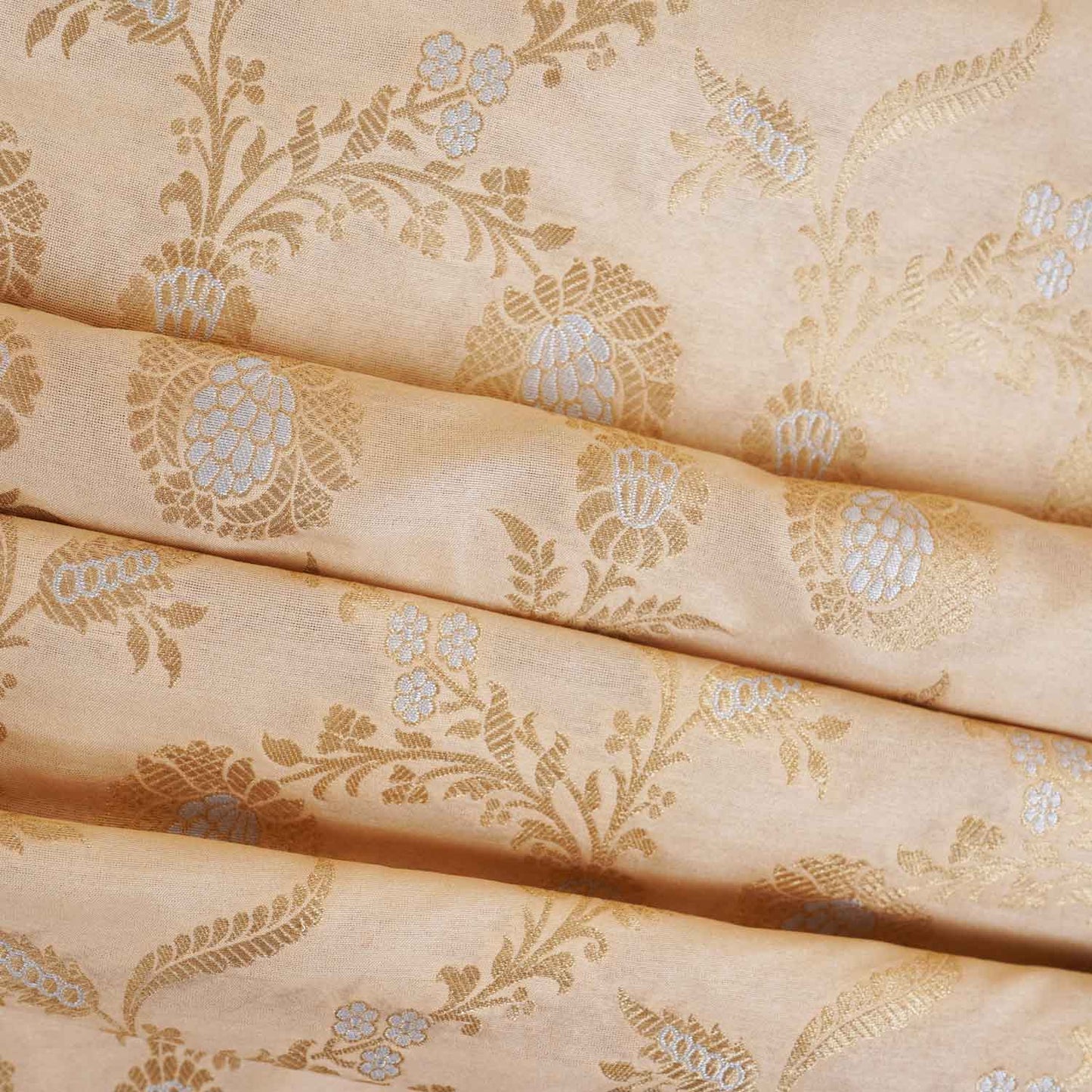 Beige Floral Jaal Katan Silk Fabric NH-28900