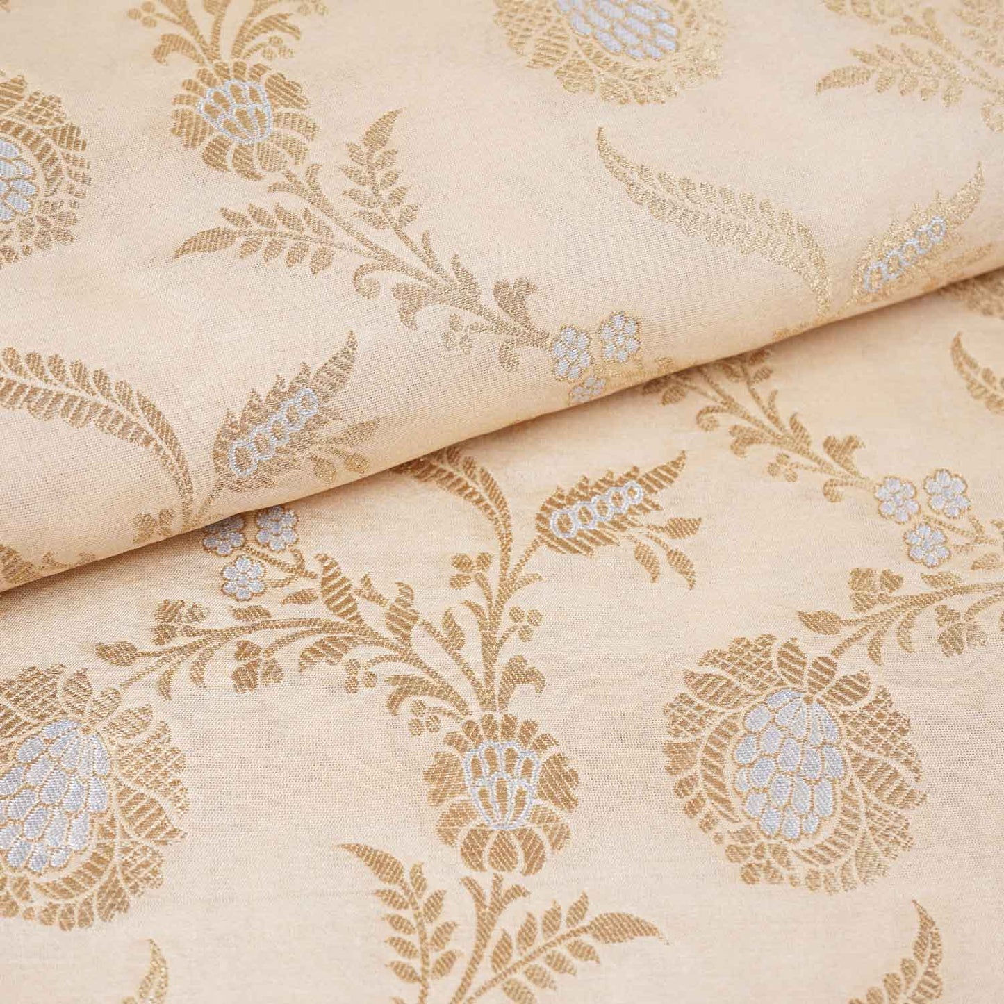 Beige Floral Jaal Katan Silk Fabric NH-28900