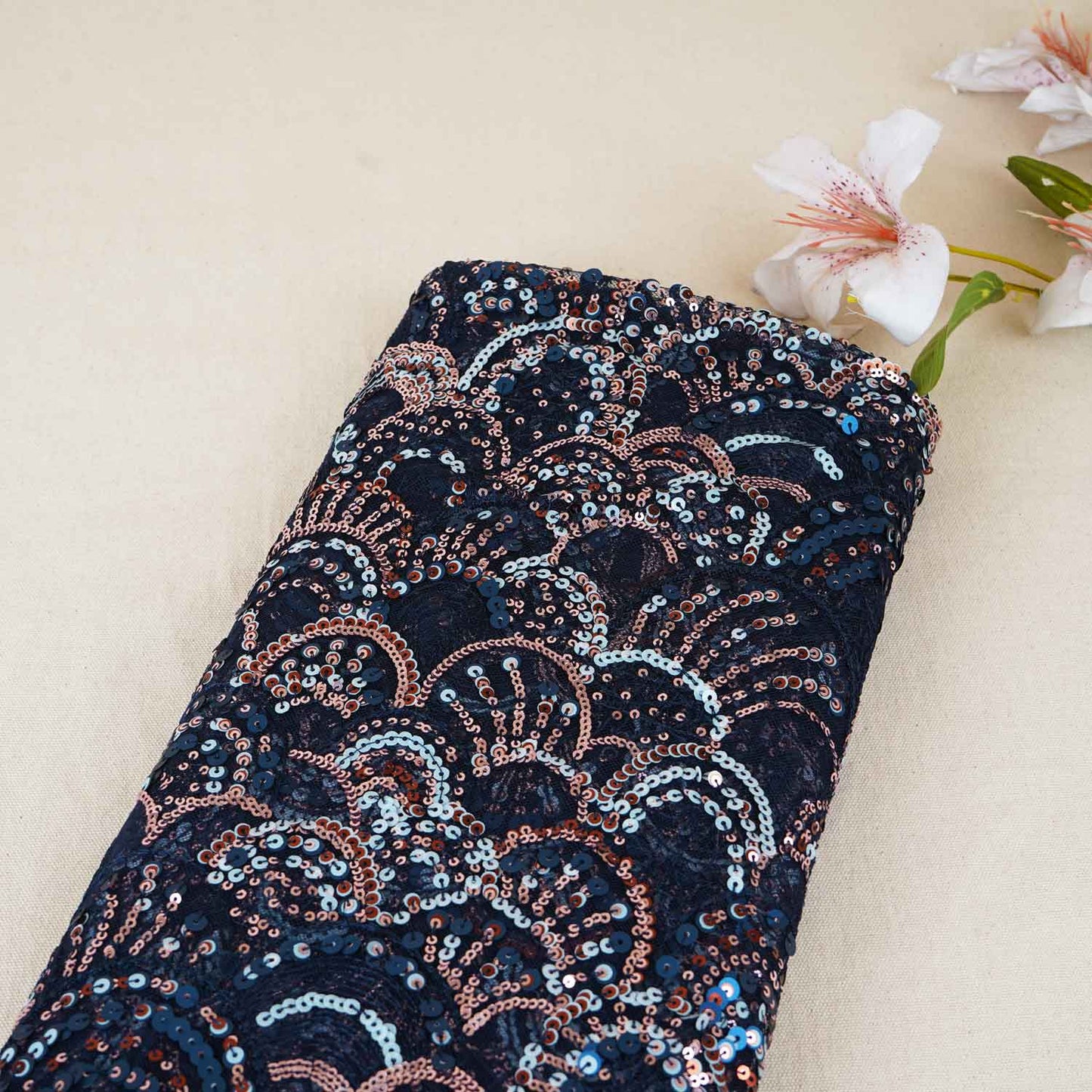 Navy Blue & Multicolor Handwork Imported Sequence Embroidery Net CF-9000