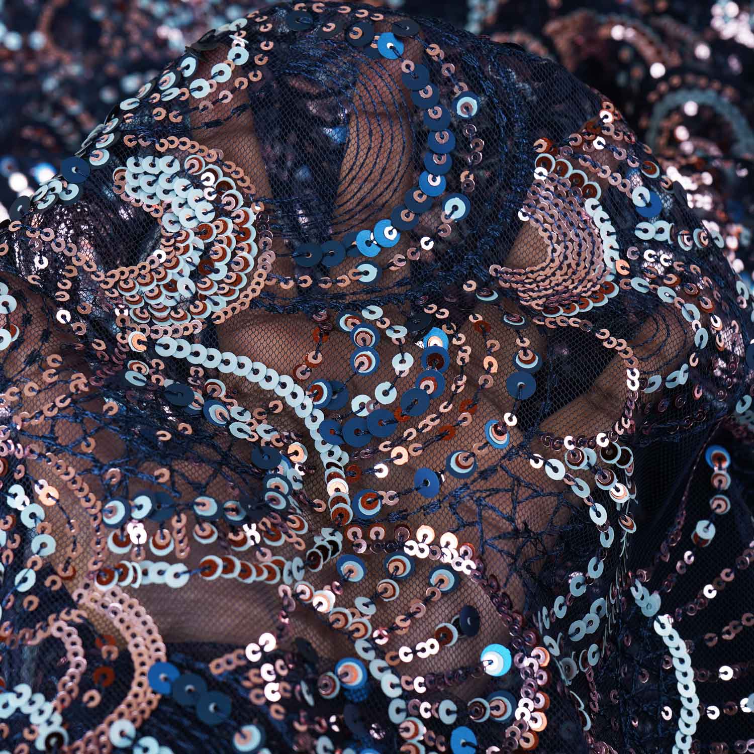 Navy Blue & Multicolor Handwork Imported Sequence Embroidery Net CF-9000 - TradeUNO