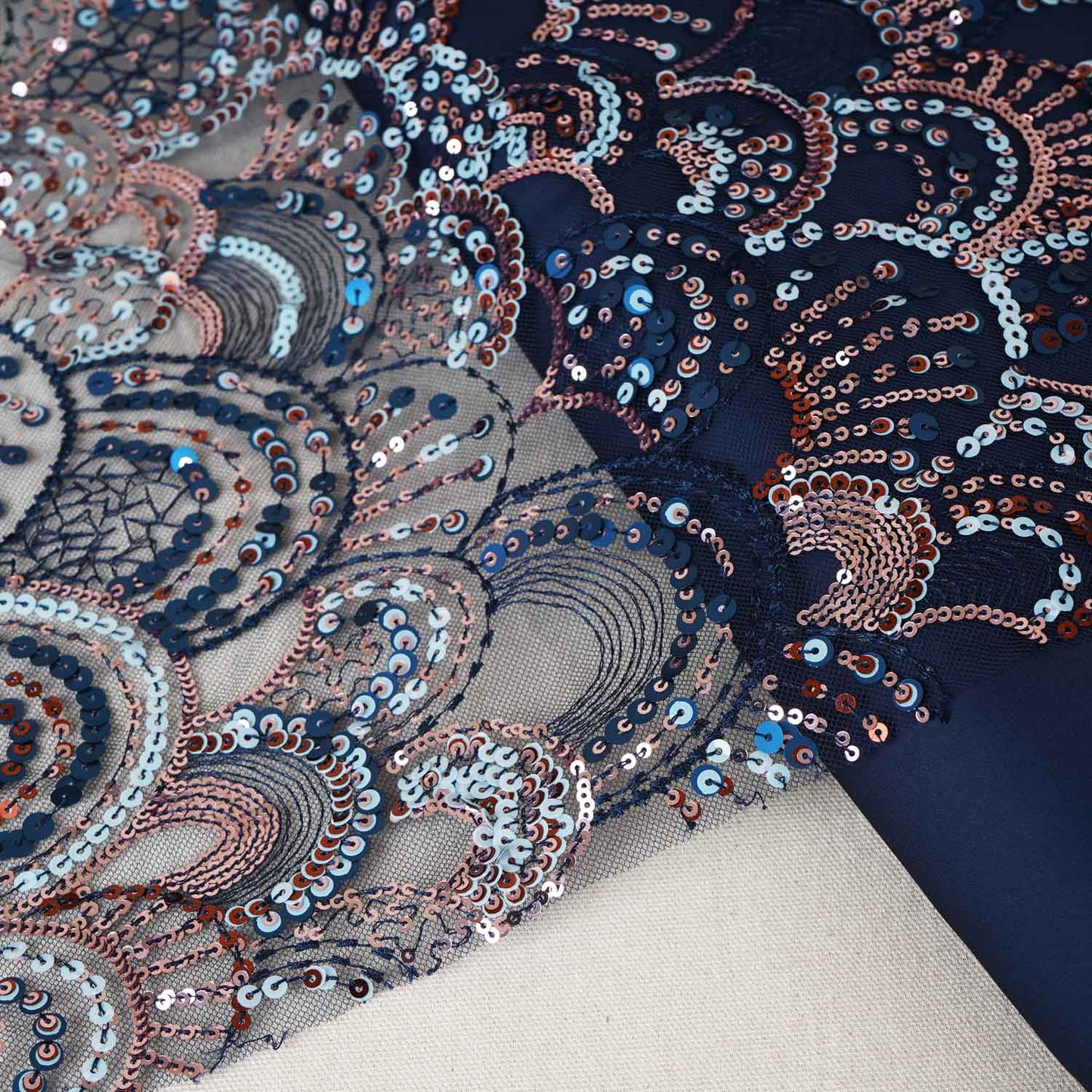 Navy Blue & Multicolor Handwork Imported Sequence Embroidery Net CF-9000
