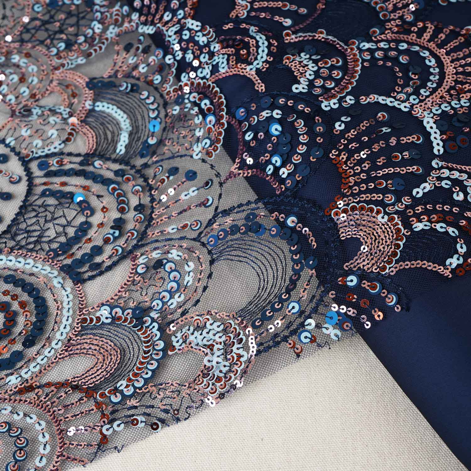 Navy Blue & Multicolor Handwork Imported Sequence Embroidery Net CF-9000 - TradeUNO