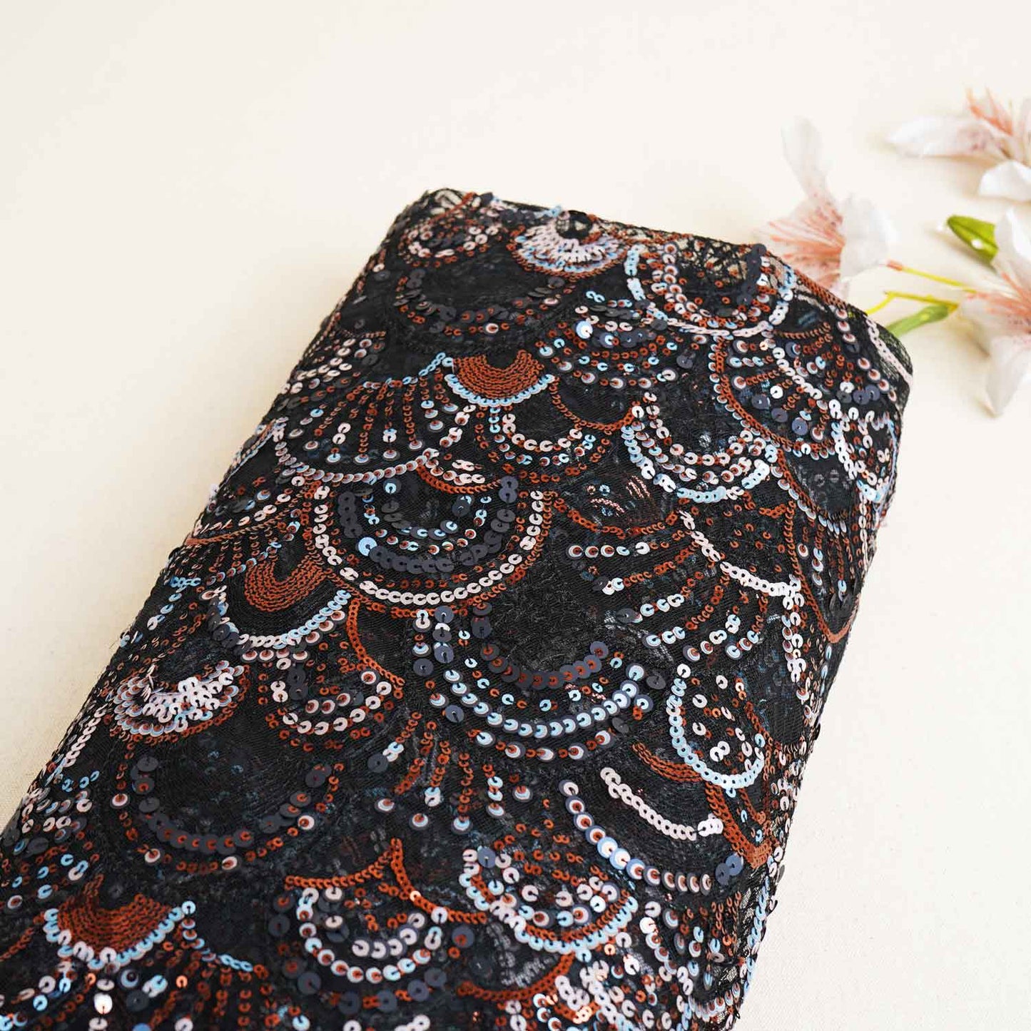 Black & Multicolor Handwork Imported Sequence Embroidery Net Fabric 9001