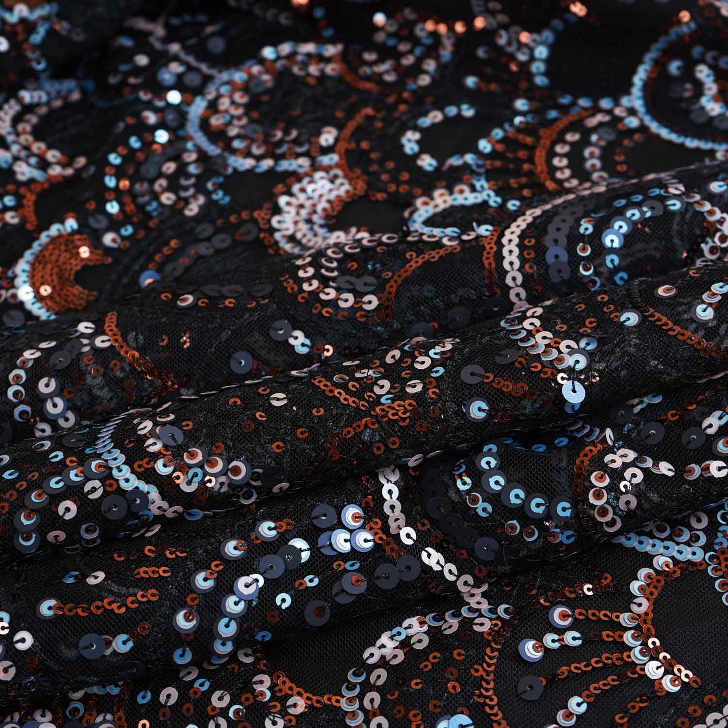 Black & Multicolor Handwork Imported Sequence Embroidery Net Fabric 9001