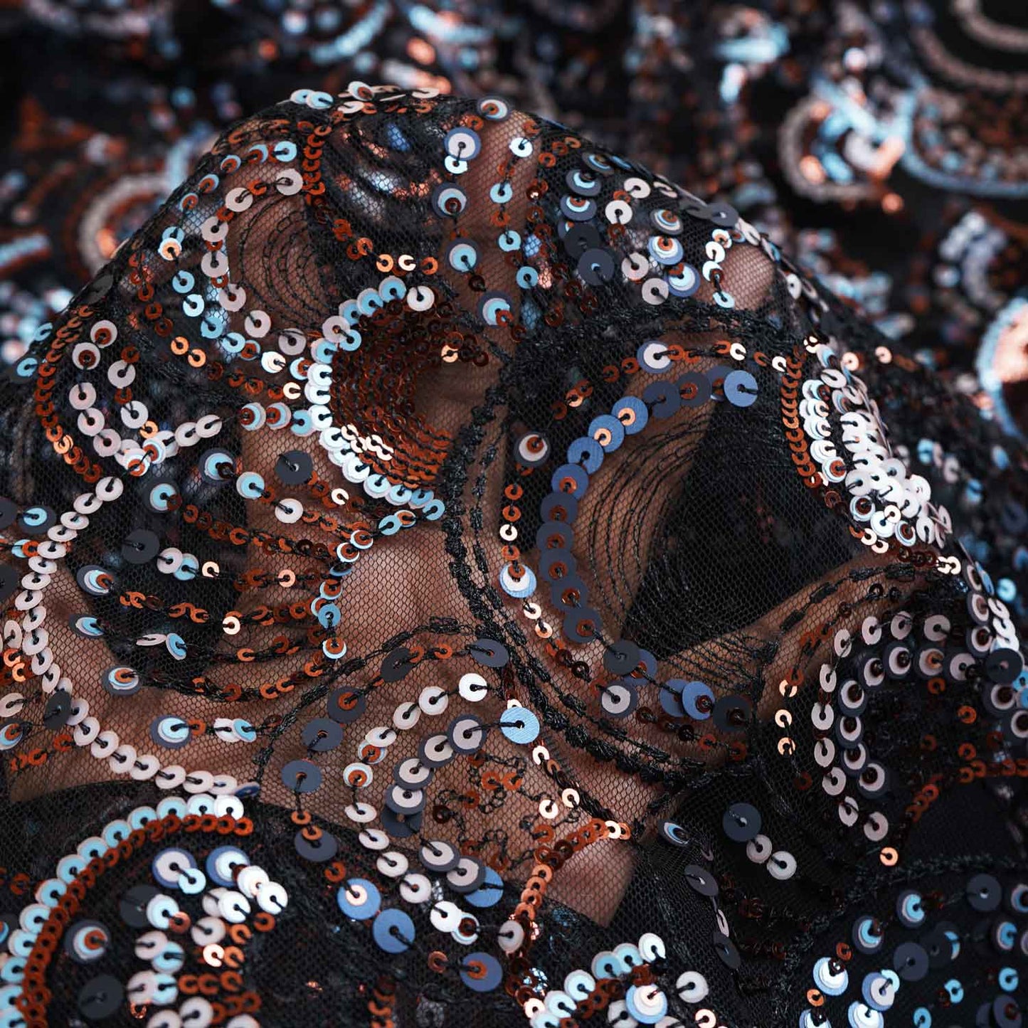 Black & Multicolor Handwork Imported Sequence Embroidery Net Fabric 9001