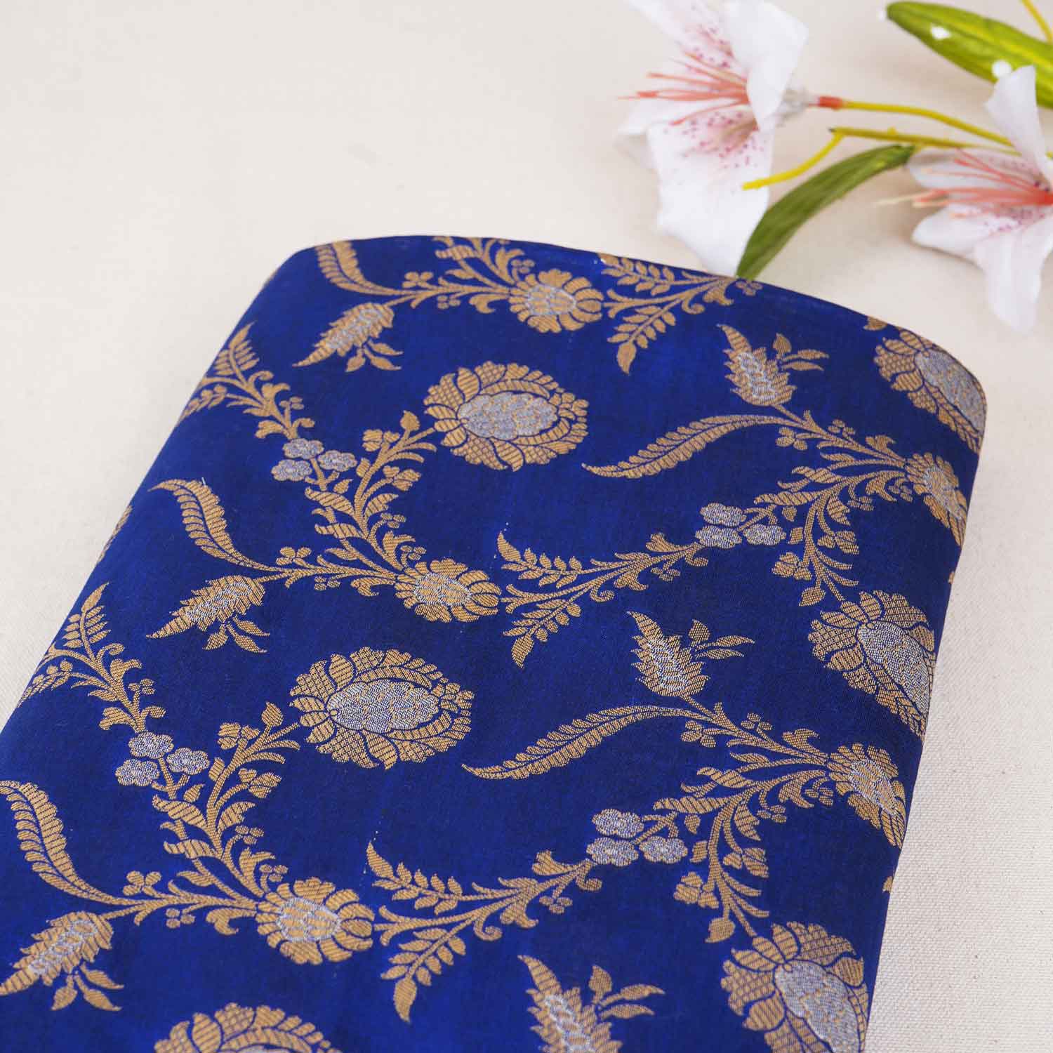 Royal Blue Floral Jaal Katan Silk Fabric NH-28901 - TradeUNO