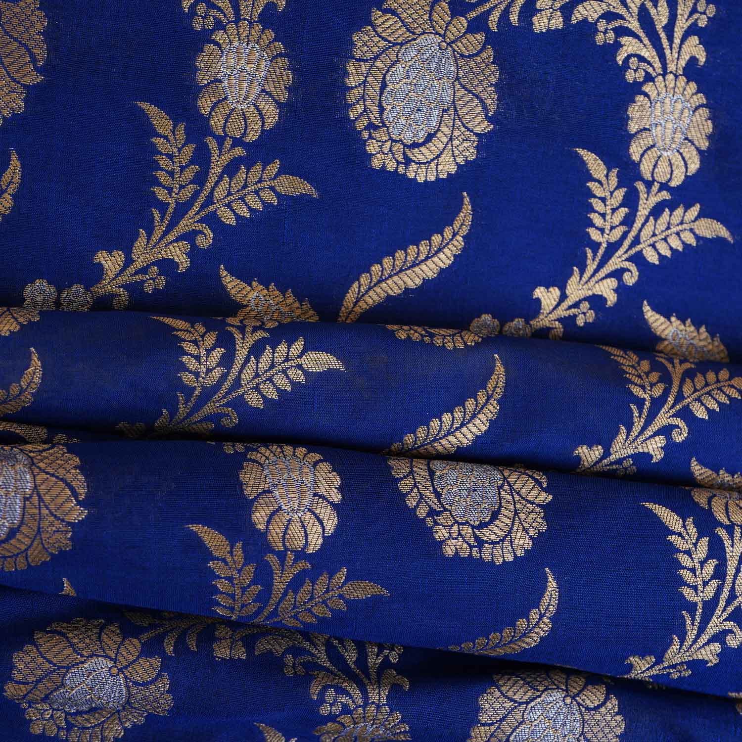 Royal Blue Floral Jaal Katan Silk Fabric NH-28901 - TradeUNO