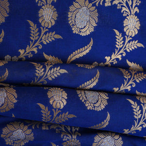 Royal Blue Floral Jaal Katan Silk Fabric NH-28901 - TradeUNO