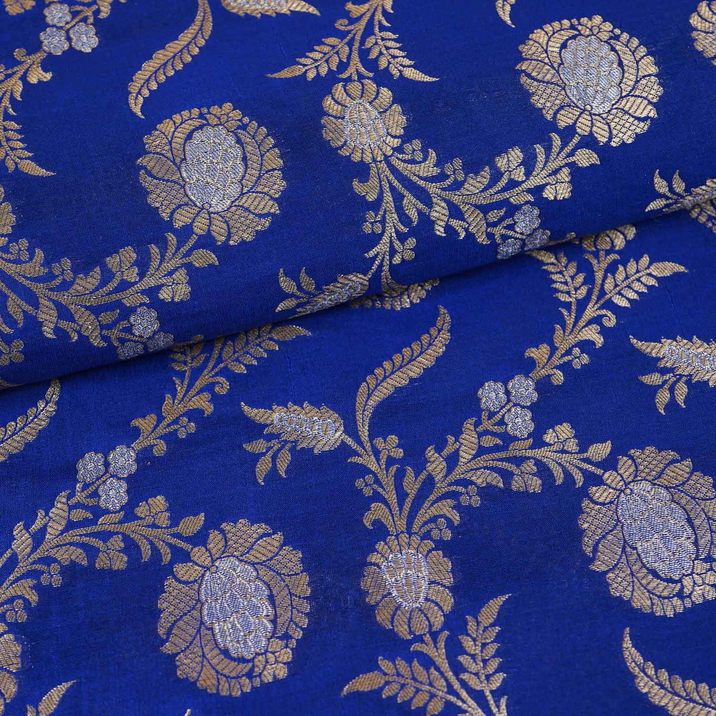 Royal Blue Floral Jaal Katan Silk Fabric NH-28901