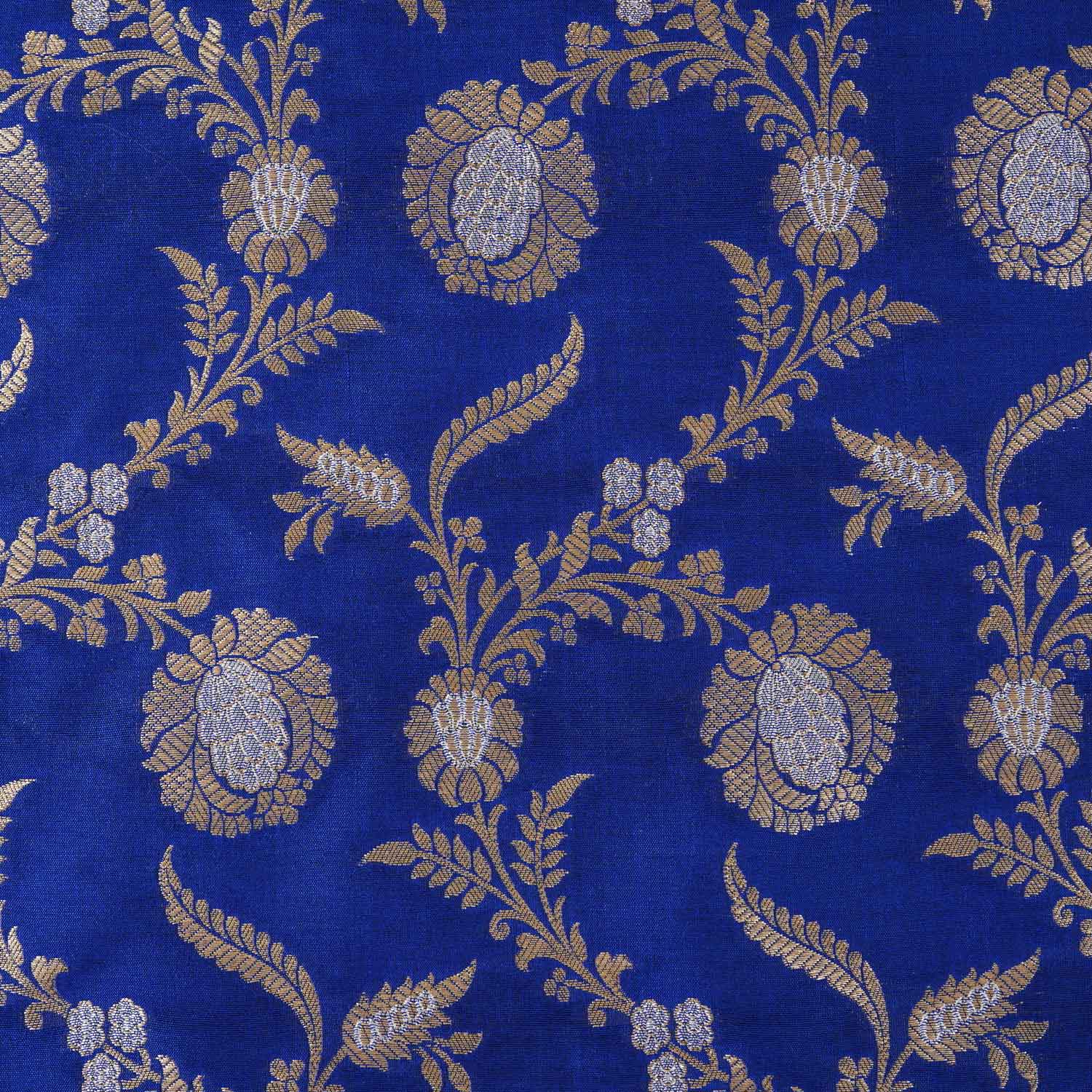 Royal Blue Floral Jaal Katan Silk Fabric NH-28901 - TradeUNO