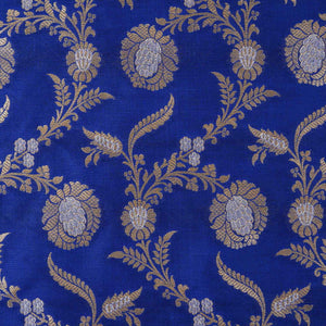 Royal Blue Floral Jaal Katan Silk Fabric NH-28901 - TradeUNO
