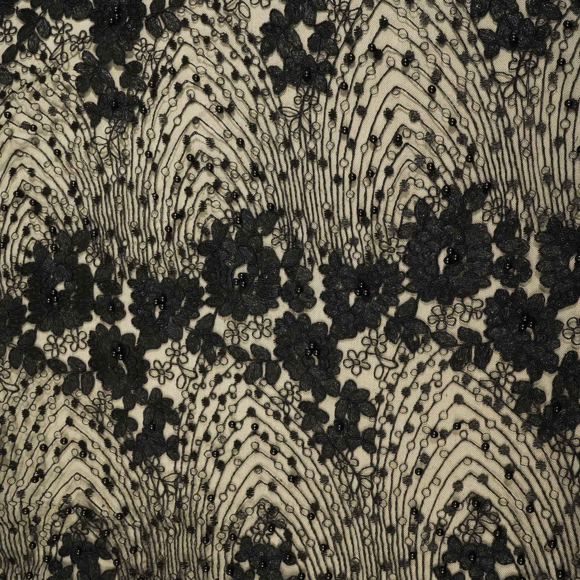 Black Imported Pearl & Sequence Thread Embroidery Net AAF-9015