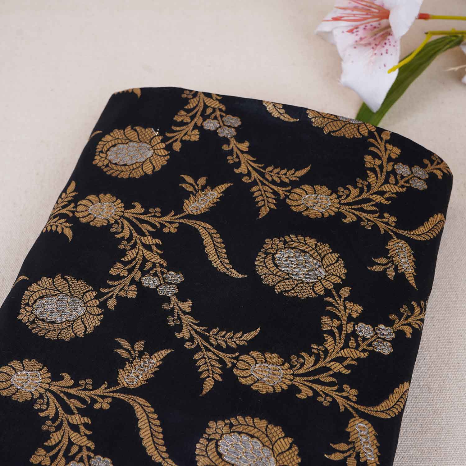 Black Floral Jaal Katan Silk Fabric NH-28902 - TradeUNO
