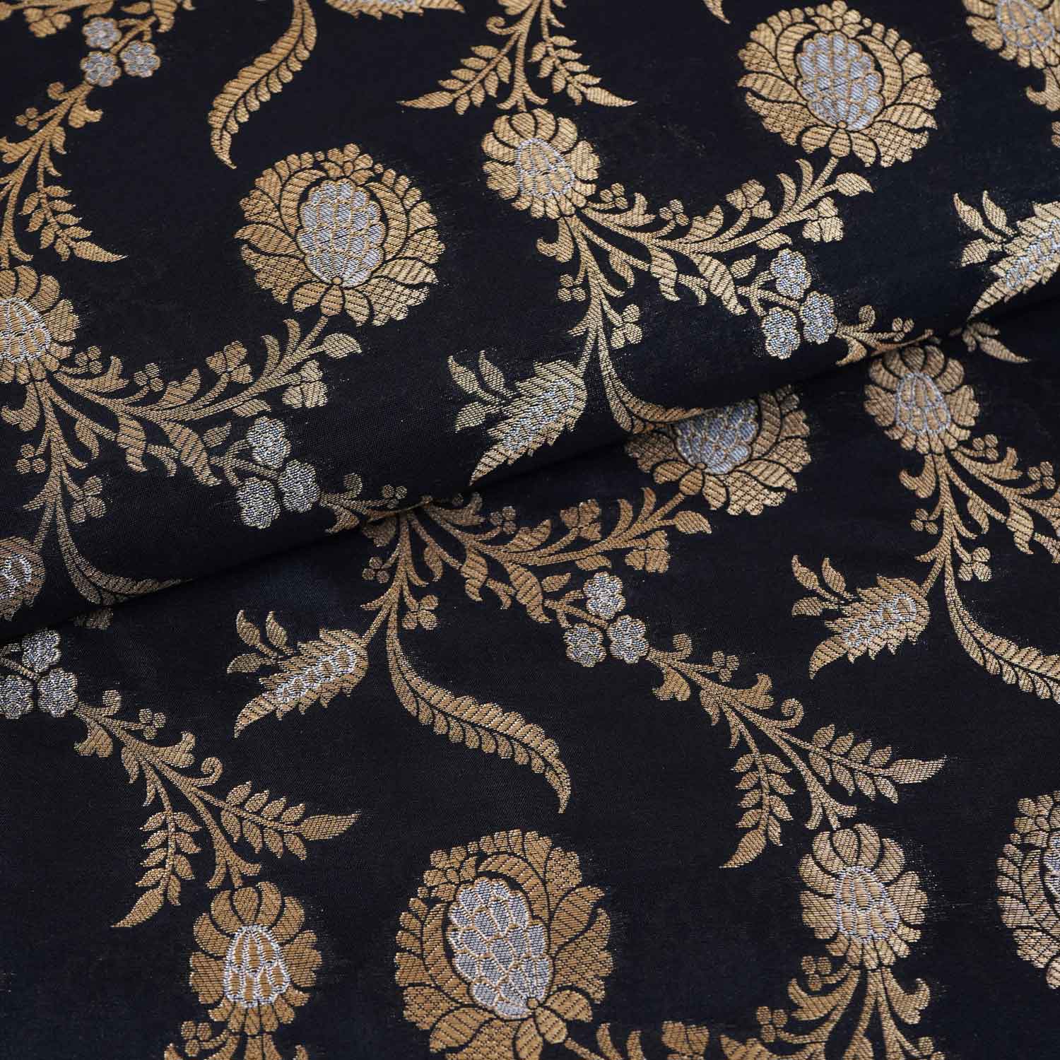 Black Floral Jaal Katan Silk Fabric NH-28902 - TradeUNO