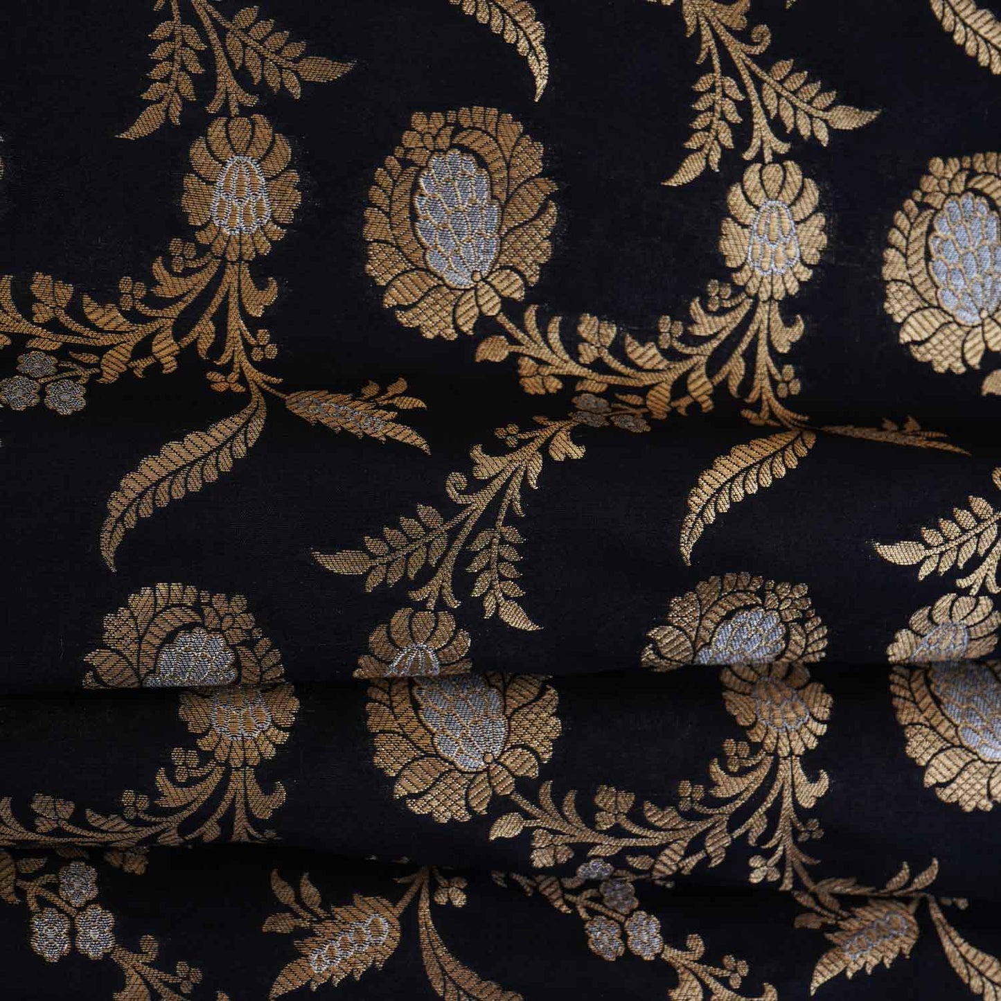 Black Floral Jaal Katan Silk Fabric NH-28902