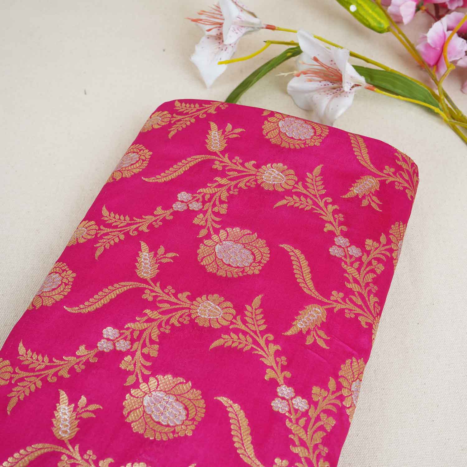 Pink Floral Jaal Katan Silk Fabric NH-28903 - TradeUNO