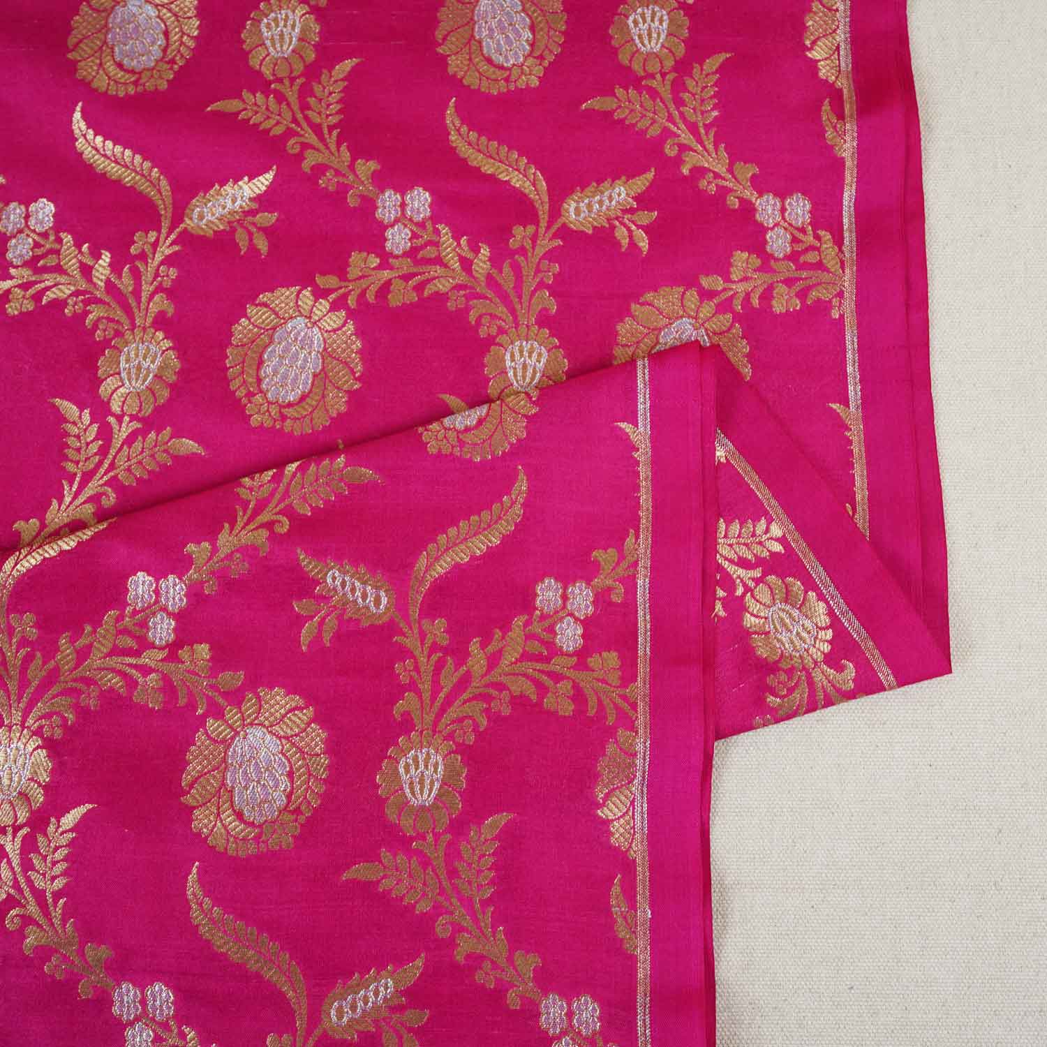 Pink Floral Jaal Katan Silk Fabric NH-28903 - TradeUNO
