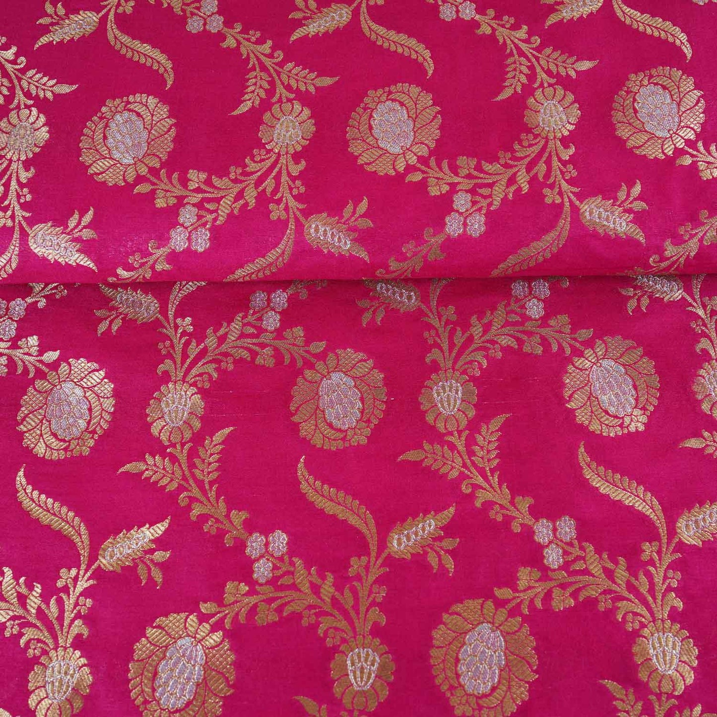 Pink Floral Jaal Katan Silk Fabric NH-28903