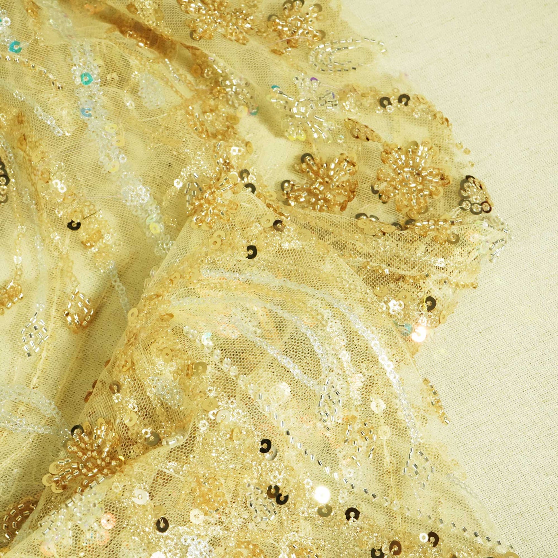 Light Yellow Imported Handwork Bead Sequence Embroidery Net CF-9033