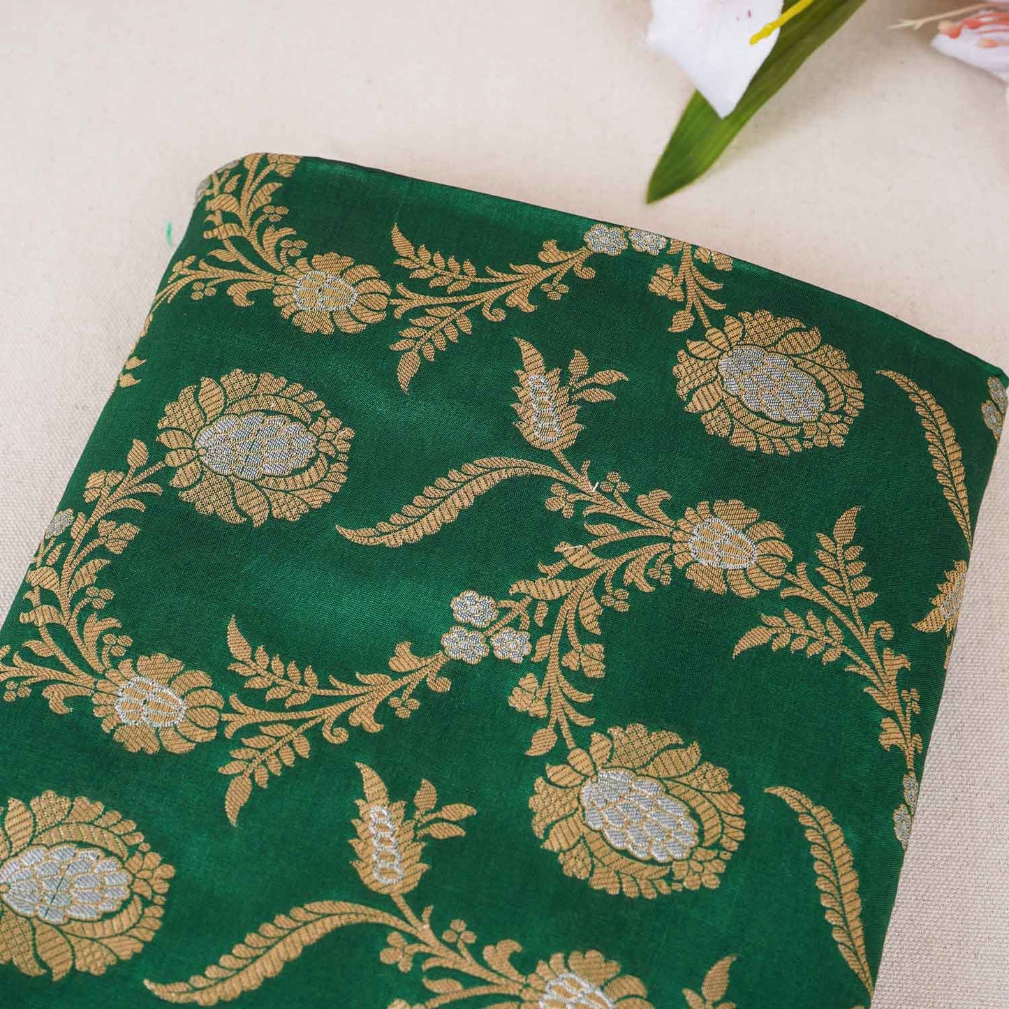 Olive Green Floral Jaal Katan Silk Fabric NH-28904