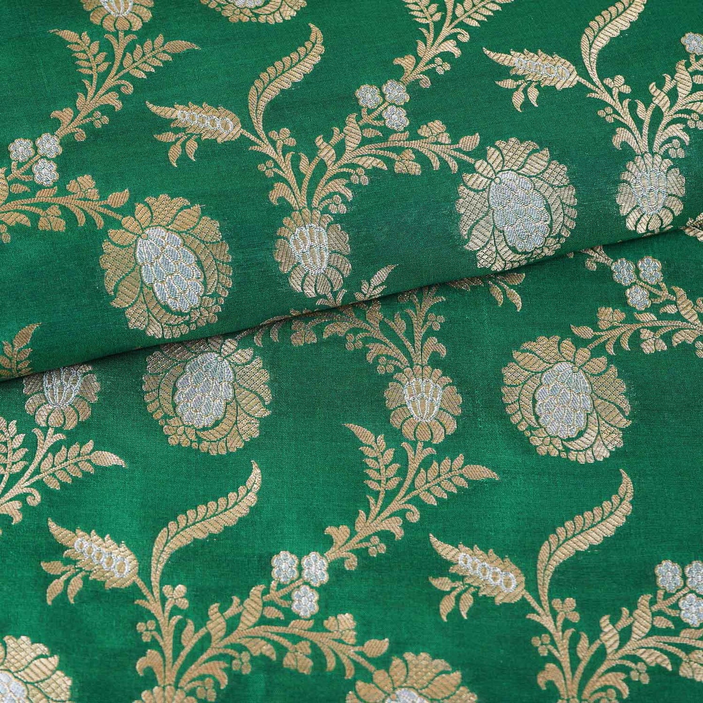 Olive Green Floral Jaal Katan Silk Fabric NH-28904