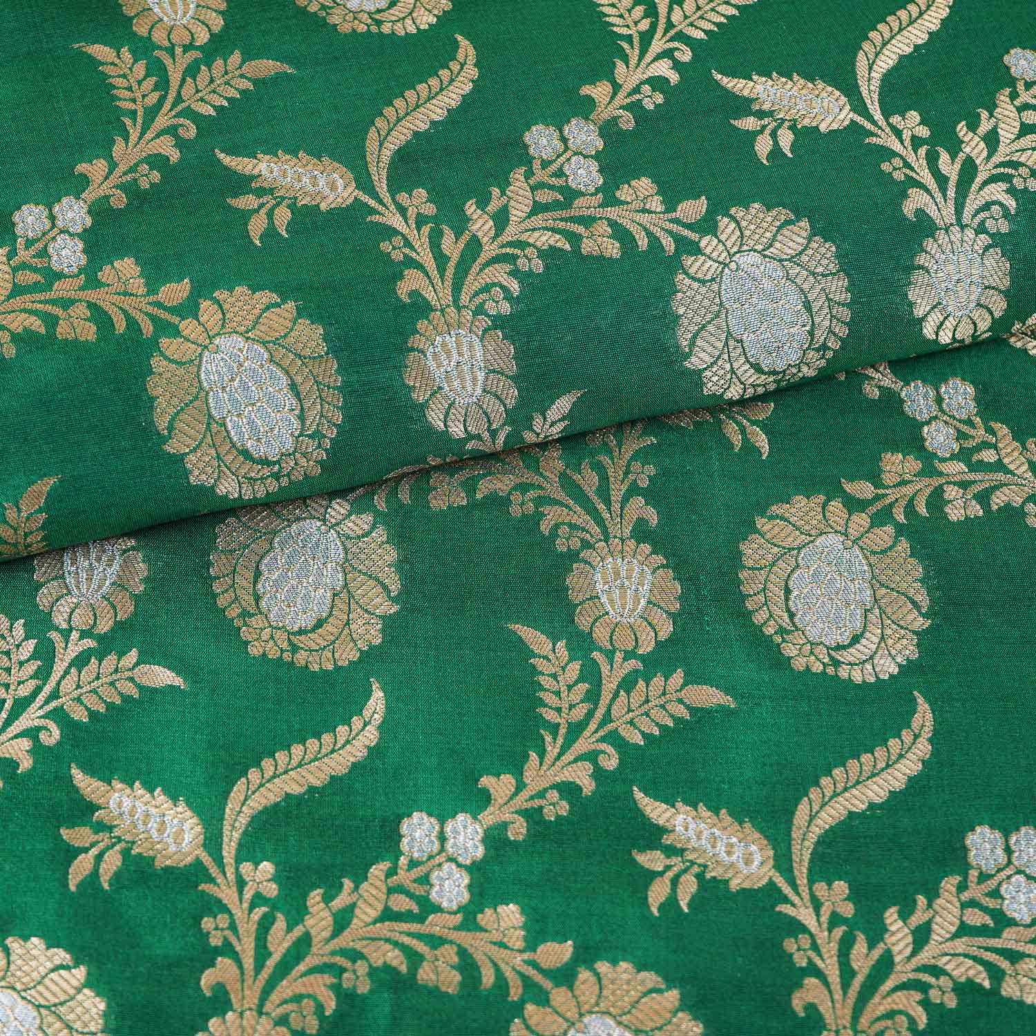 Olive Green Floral Jaal Katan Silk Fabric NH-28904 - TradeUNO