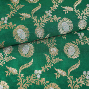 Olive Green Floral Jaal Katan Silk Fabric NH-28904 - TradeUNO