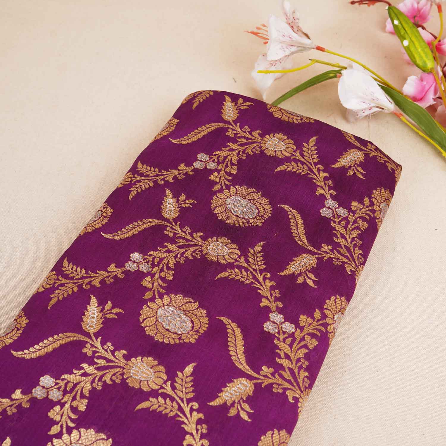 Purple Floral Jaal Katan Silk Fabric NH-28905 - TradeUNO